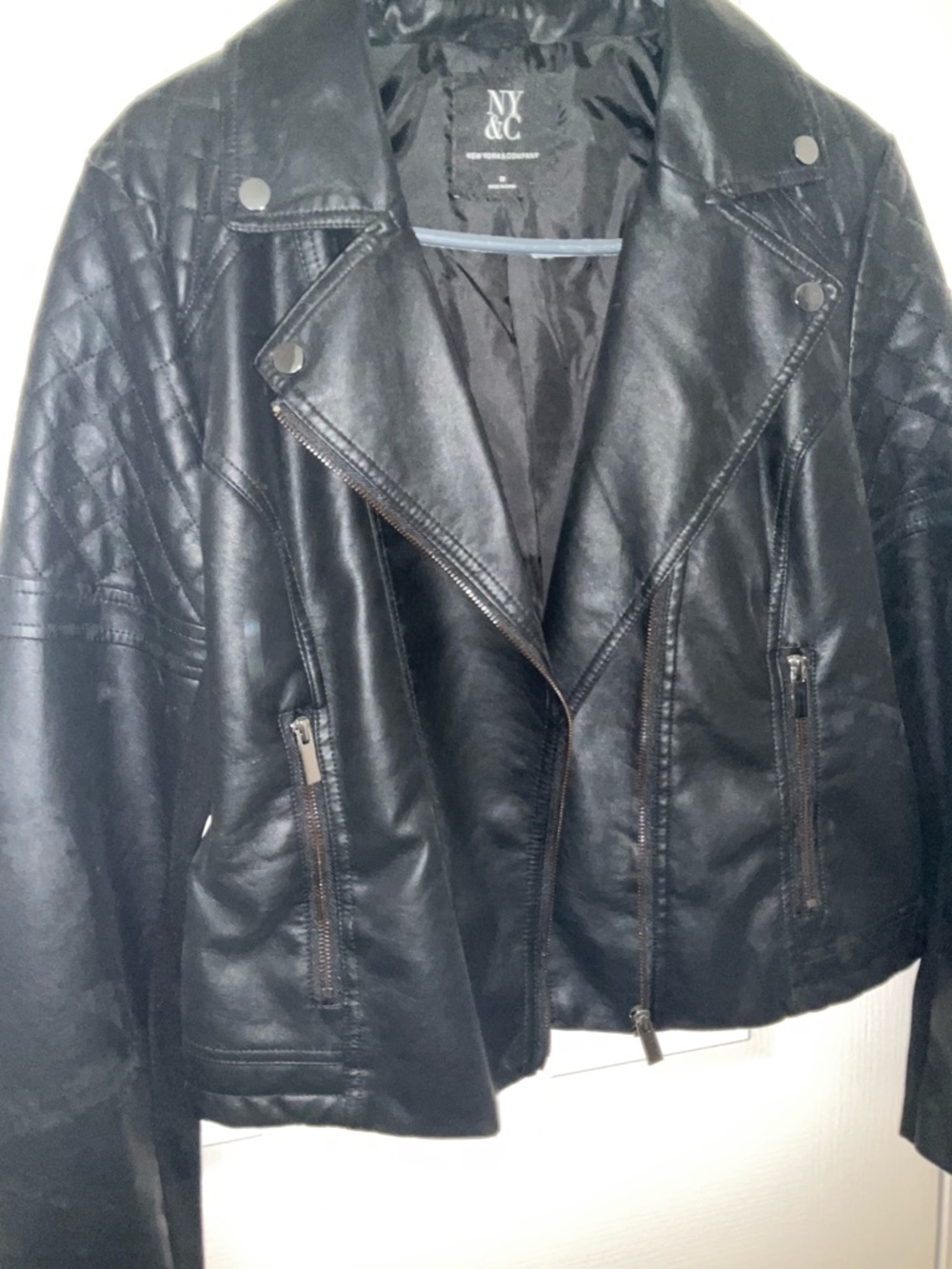 New York & Company Black Quilted Faux Leather Moto Jacket